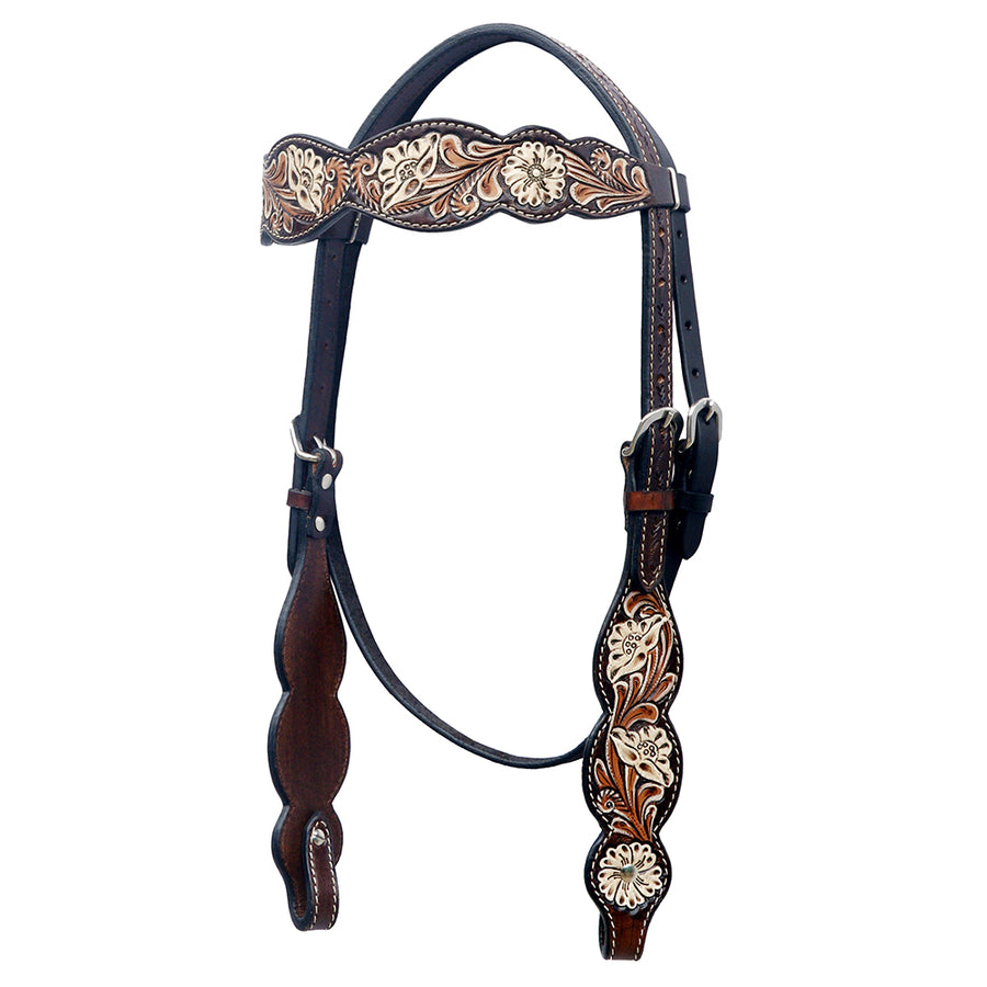 Black leather western headstall with tooled copper conchos - Uhorse