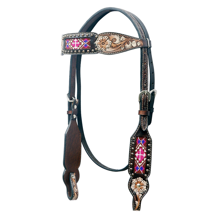 Black leather western headstall with beaded inlay - Uhorse