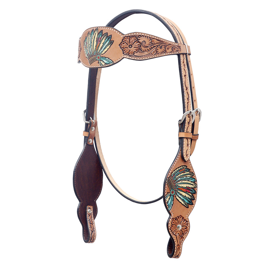 Leather western headstall with tooled feather design - Uhorse