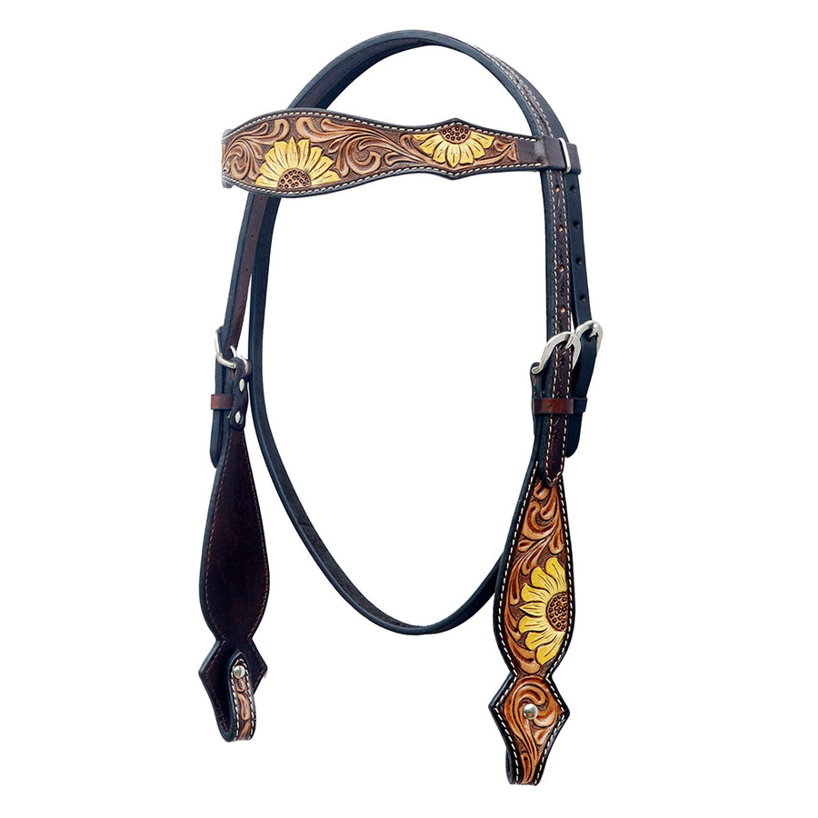Leather western headstall with tooled sunflower design - Uhorse