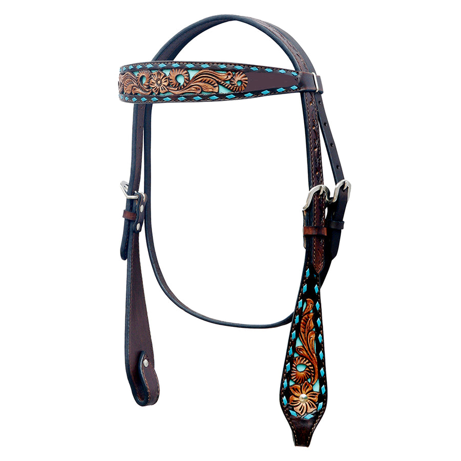 Leather headstall with tooled turquoise inlay - Uhorse