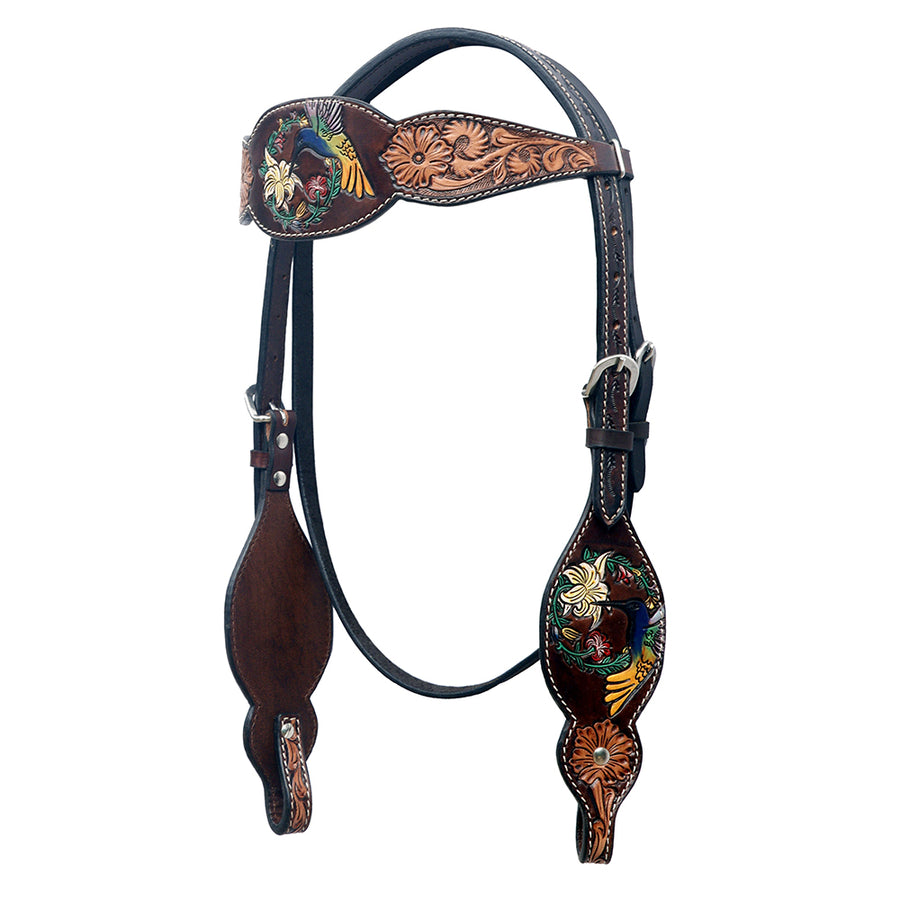 Leather horse headstall with floral tooling and inlay - Uhorse