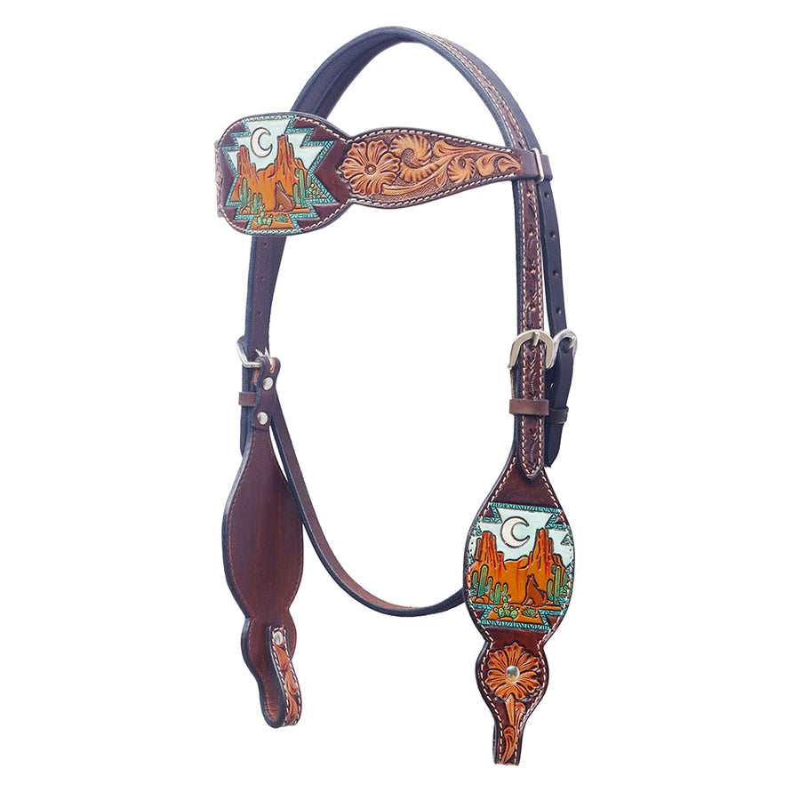 Brown leather headstall with tooled and painted scenic conchos - Uhorse