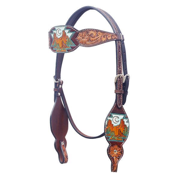 Brown leather headstall with tooled and painted scenic conchos - Uhorse