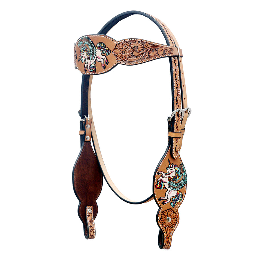 Leather western bridle with tooled design and inlay - Uhorse