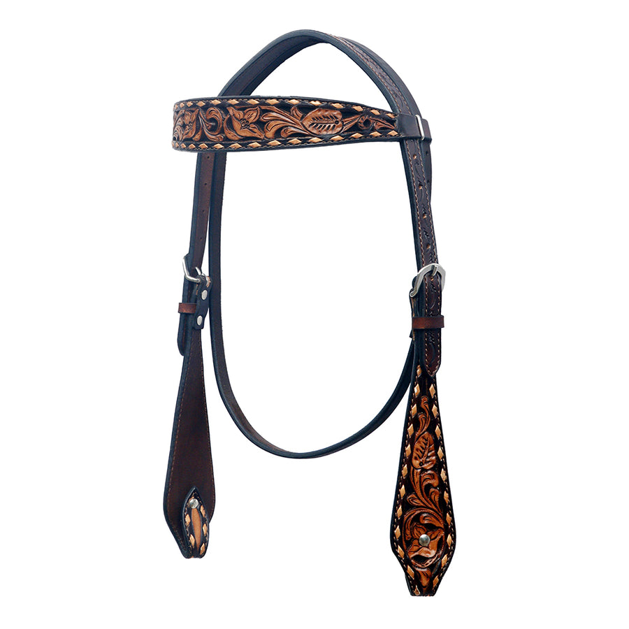 Black leather headstall with tooled brown leather browband - Uhorse