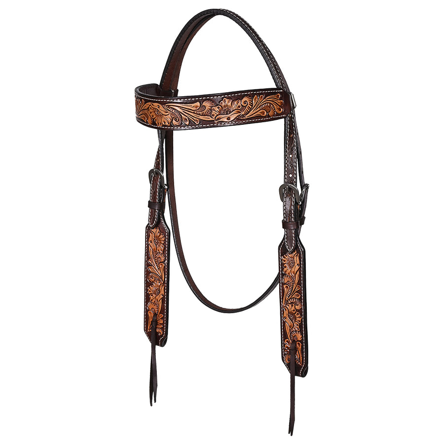 Bar H Equine Western Leather Headstall Floral Carved Dark Brown - Uhorse