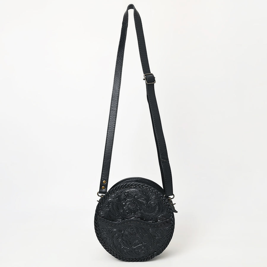 American Darling Western Leather Canteen Bag – Genuine Leather Hand-Tooled Floral Carved Round Crossbody for Everyday Use
