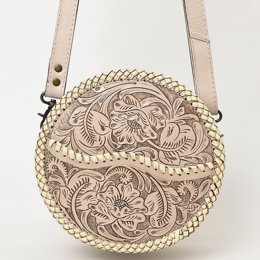 American Darling Western Leather Canteen Bag – Genuine Leather Hand-Tooled Floral Carved Round Crossbody for Everyday Use