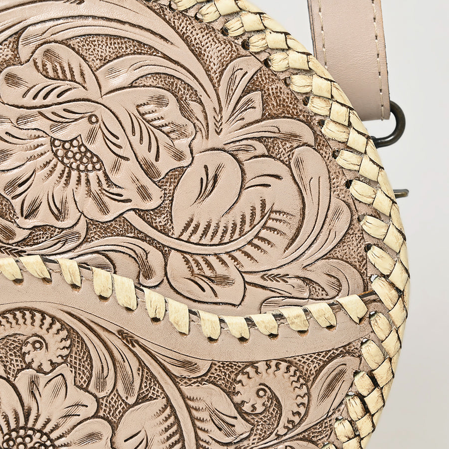 American Darling Western Leather Canteen Bag – Genuine Leather Hand-Tooled Floral Carved Round Crossbody for Everyday Use