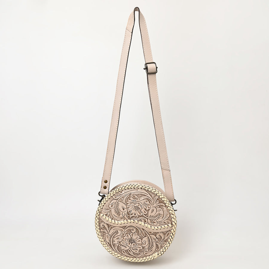 American Darling Western Leather Canteen Bag – Genuine Leather Hand-Tooled Floral Carved Round Crossbody for Everyday Use