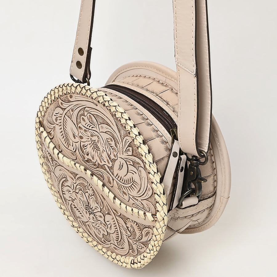 American Darling Western Leather Canteen Bag – Genuine Leather Hand-Tooled Floral Carved Round Crossbody for Everyday Use