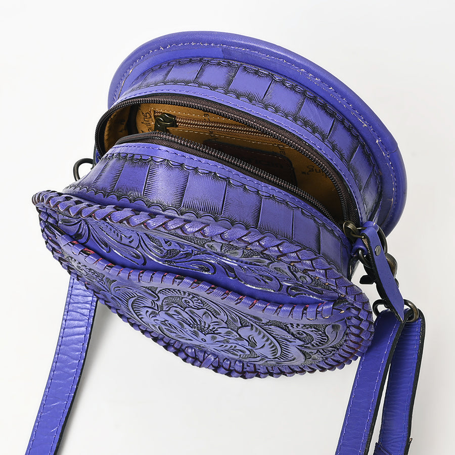 American Darling Western Leather Canteen Bag – Genuine Leather Hand-Tooled Floral Carved Round Crossbody for Everyday Use