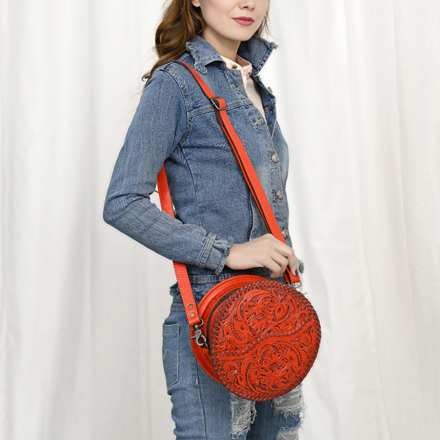 American Darling Western Leather Canteen Bag – Genuine Leather Hand-Tooled Floral Carved Round Crossbody for Everyday Use