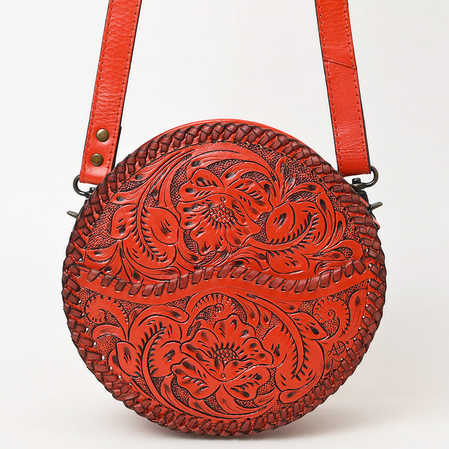 American Darling Western Leather Canteen Bag – Genuine Leather Hand-Tooled Floral Carved Round Crossbody for Everyday Use