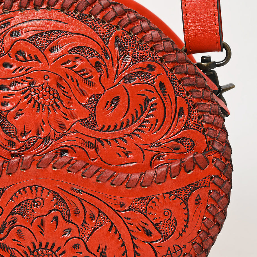 American Darling Western Leather Canteen Bag – Genuine Leather Hand-Tooled Floral Carved Round Crossbody for Everyday Use