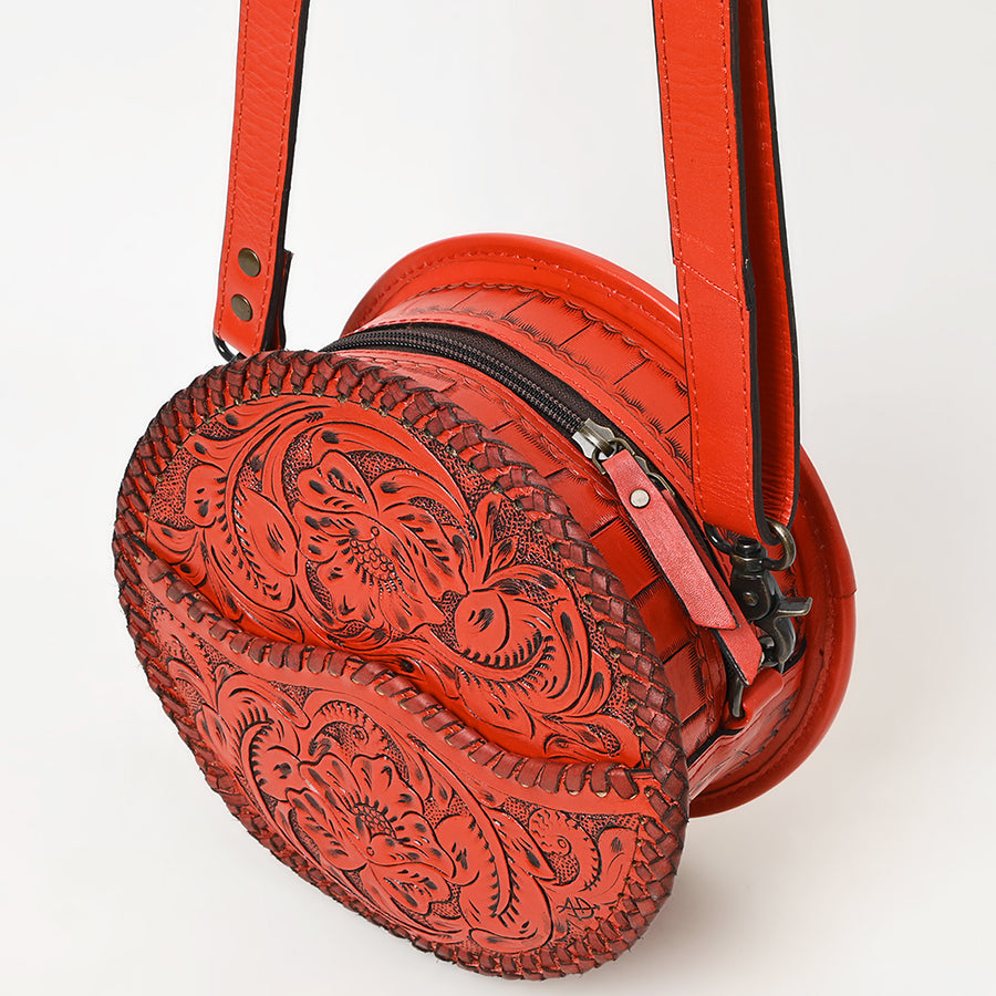 American Darling Western Leather Canteen Bag – Genuine Leather Hand-Tooled Floral Carved Round Crossbody for Everyday Use