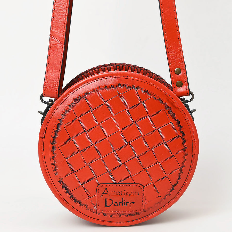 American Darling Western Leather Canteen Bag – Genuine Leather Hand-Tooled Floral Carved Round Crossbody for Everyday Use