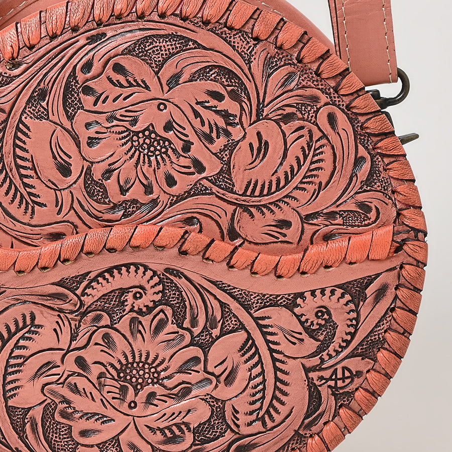American Darling Western Leather Canteen Bag – Genuine Leather Hand-Tooled Floral Carved Round Crossbody for Everyday Use