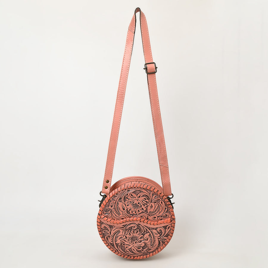 American Darling Western Leather Canteen Bag – Genuine Leather Hand-Tooled Floral Carved Round Crossbody for Everyday Use