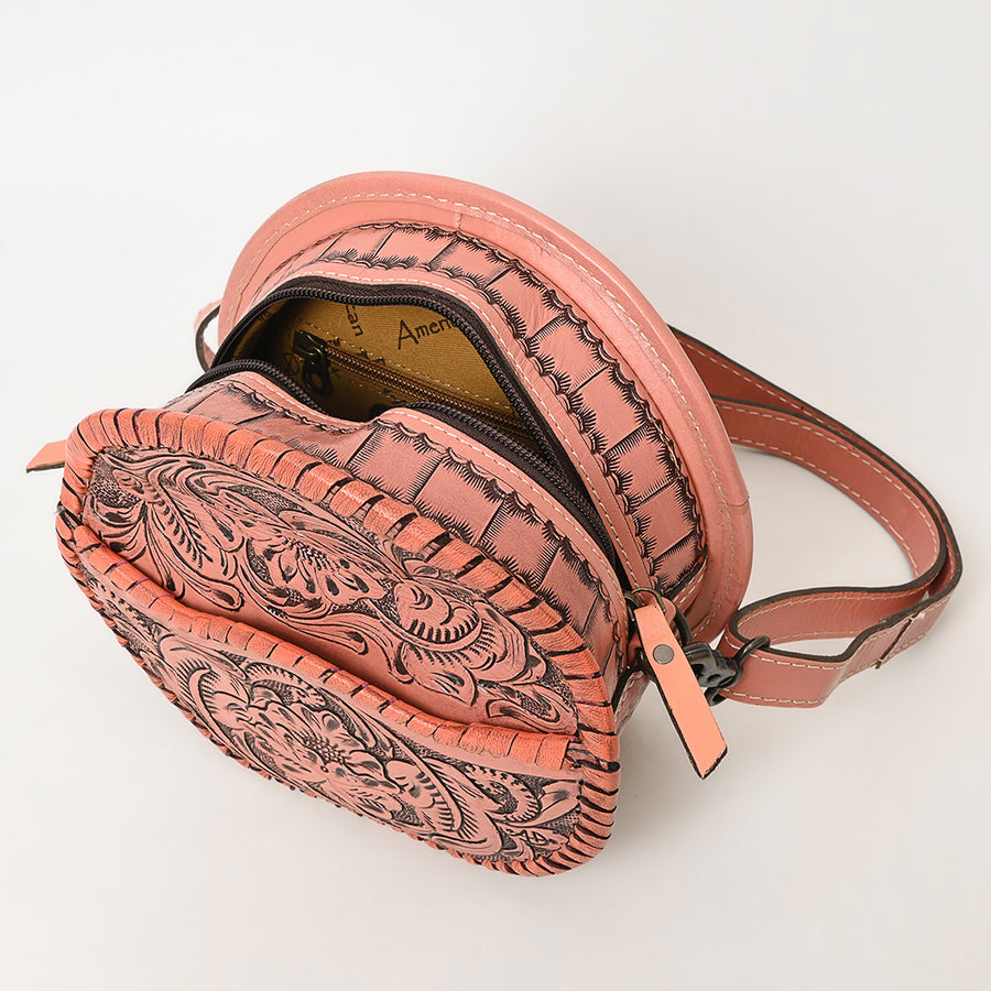 American Darling Western Leather Canteen Bag – Genuine Leather Hand-Tooled Floral Carved Round Crossbody for Everyday Use