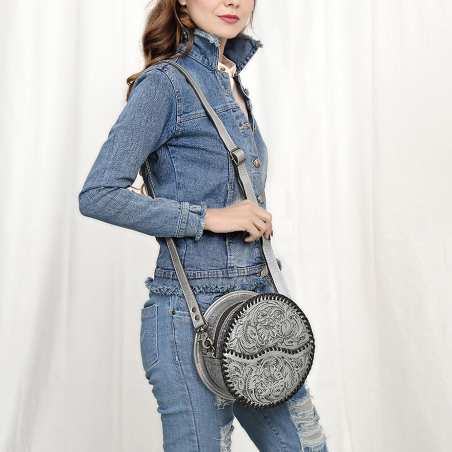American Darling Western Leather Canteen Bag – Genuine Leather Hand-Tooled Floral Carved Round Crossbody for Everyday Use