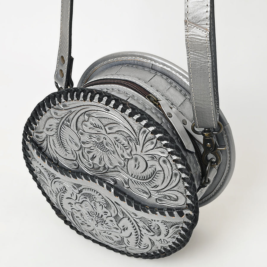 American Darling Western Leather Canteen Bag – Genuine Leather Hand-Tooled Floral Carved Round Crossbody for Everyday Use