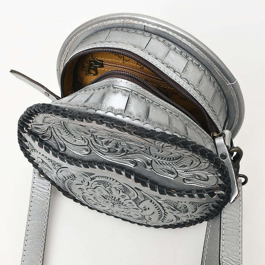 American Darling Western Leather Canteen Bag – Genuine Leather Hand-Tooled Floral Carved Round Crossbody for Everyday Use