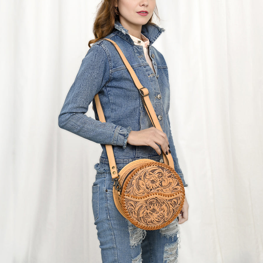 American Darling Western Leather Canteen Bag – Genuine Leather Hand-Tooled Floral Carved Round Crossbody for Everyday Use
