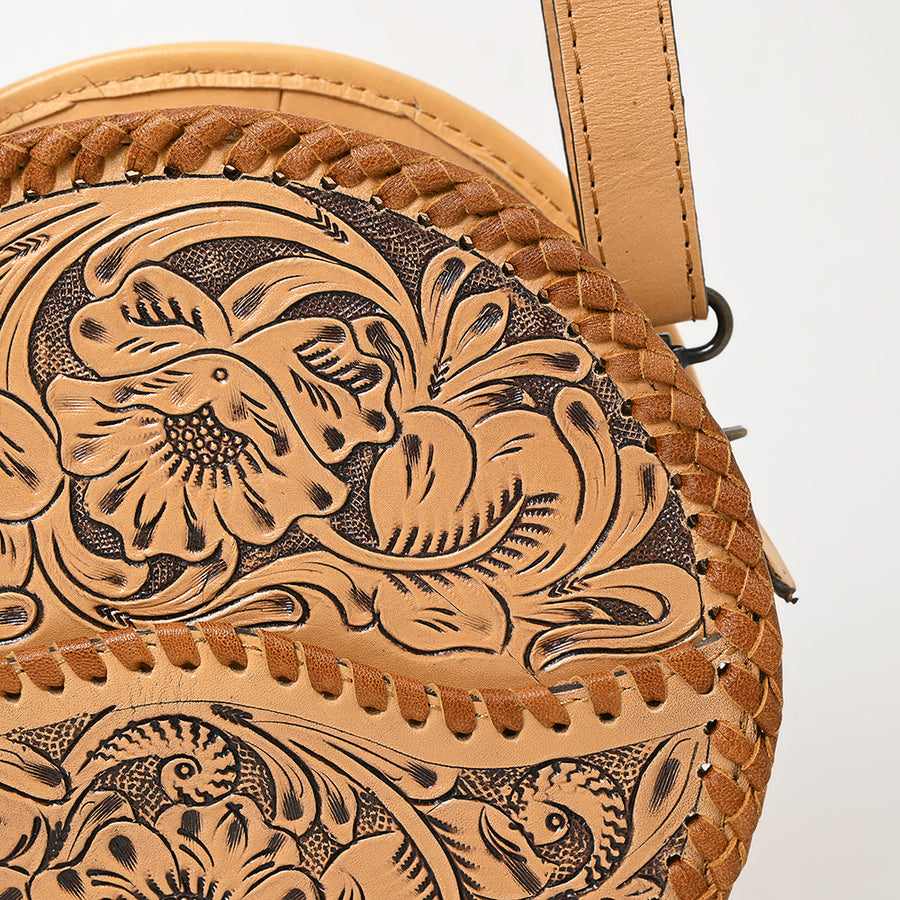 American Darling Western Leather Canteen Bag – Genuine Leather Hand-Tooled Floral Carved Round Crossbody for Everyday Use