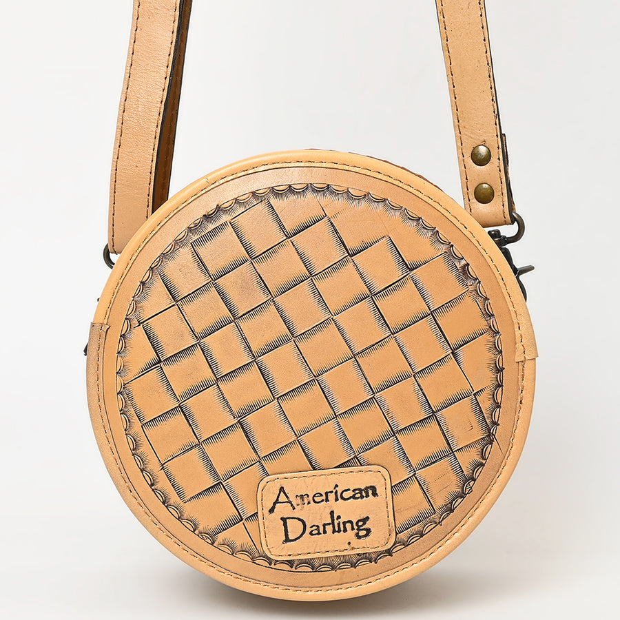 American Darling Western Leather Canteen Bag – Genuine Leather Hand-Tooled Floral Carved Round Crossbody for Everyday Use