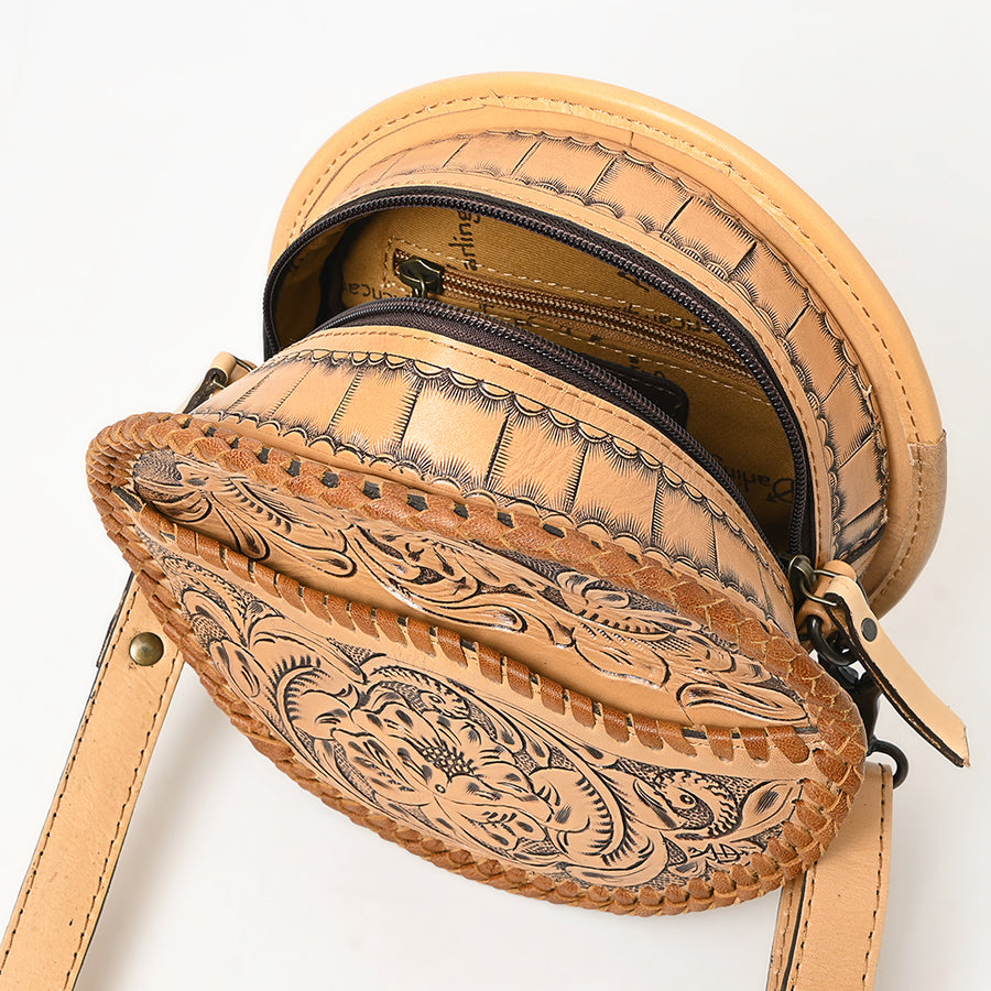 American Darling Western Leather Canteen Bag – Genuine Leather Hand-Tooled Floral Carved Round Crossbody for Everyday Use