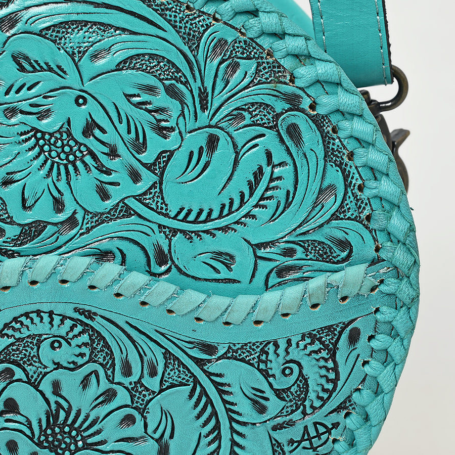 American Darling Western Leather Canteen Bag – Genuine Leather Hand-Tooled Floral Carved Round Crossbody for Everyday Use
