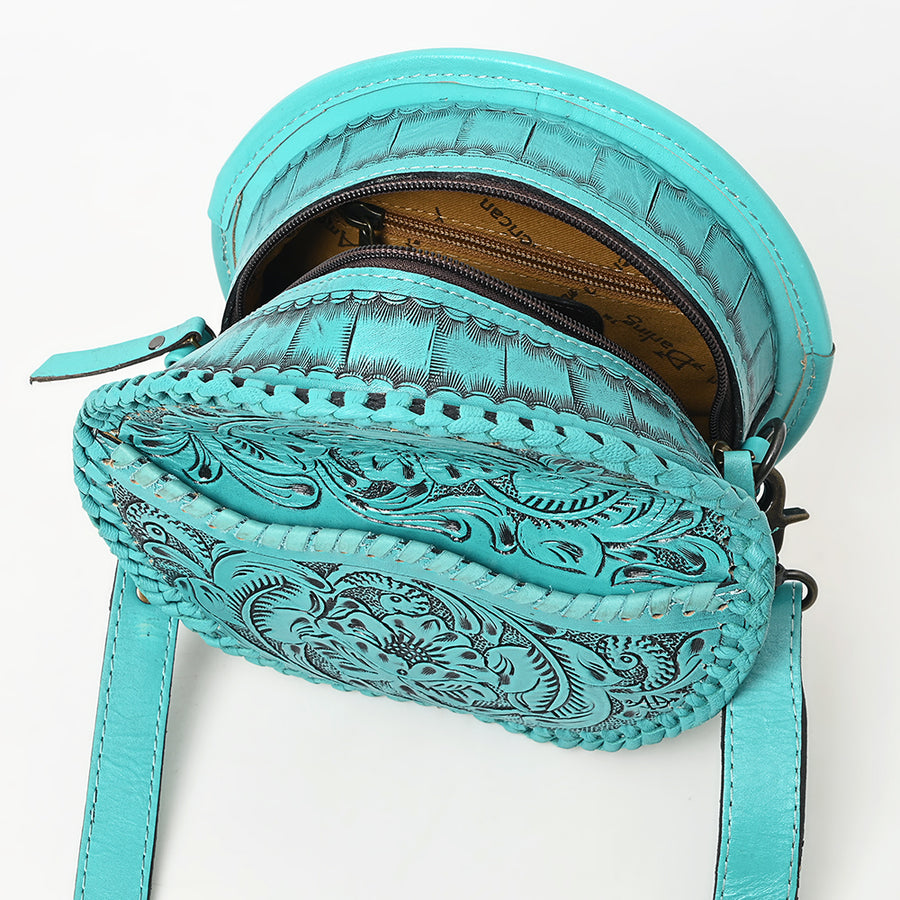 American Darling Western Leather Canteen Bag – Genuine Leather Hand-Tooled Floral Carved Round Crossbody for Everyday Use