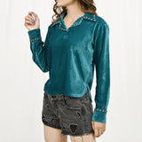 American Darling ADDR004 Velvet Women Shirt Dress Tunic Ladies Girl Top Teal