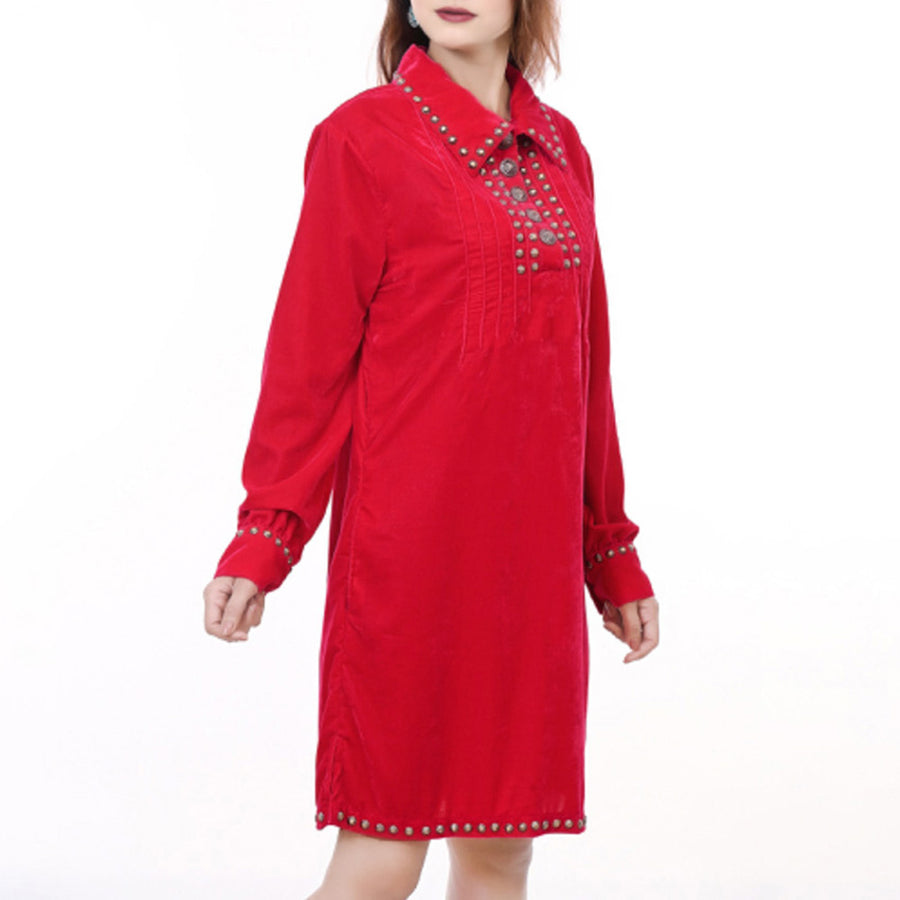 American Darling 100% Cotton Denim Women's Shirt Jacket Dress Ladies Girl Top Red|