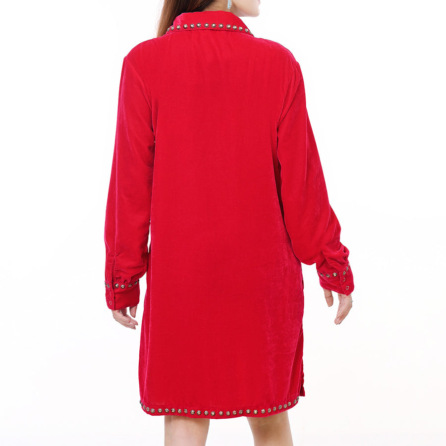 American Darling 100% Cotton Denim Women's Shirt Jacket Dress Ladies Girl Top Red|