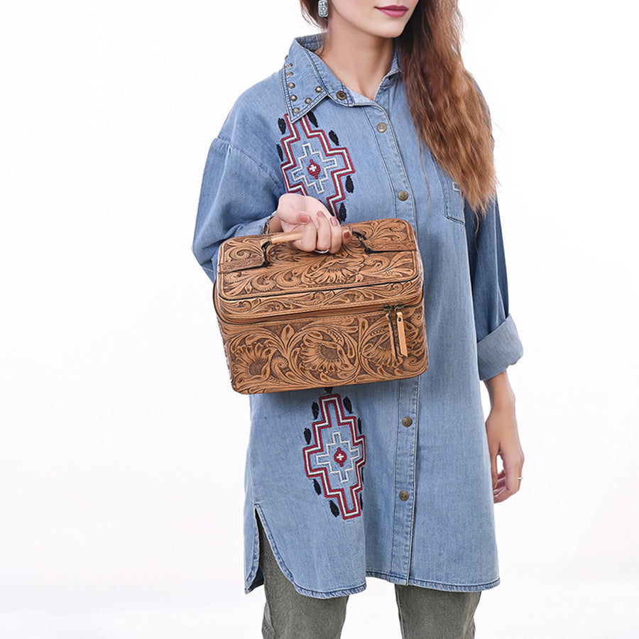 American Darling Western Hand Tooled Leather Jewelry Case | Handcrafted Travel Makeup Bag with Handle and Divided Interior