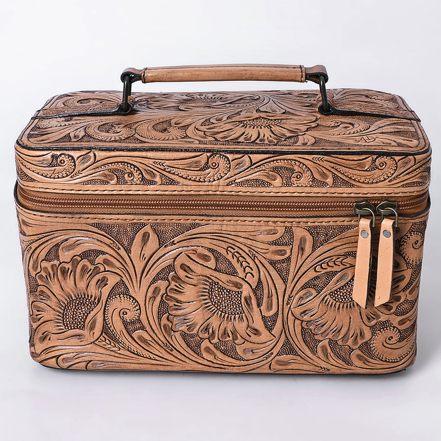 American Darling Western Hand Tooled Leather Jewelry Case | Handcrafted Travel Makeup Bag with Handle and Divided Interior