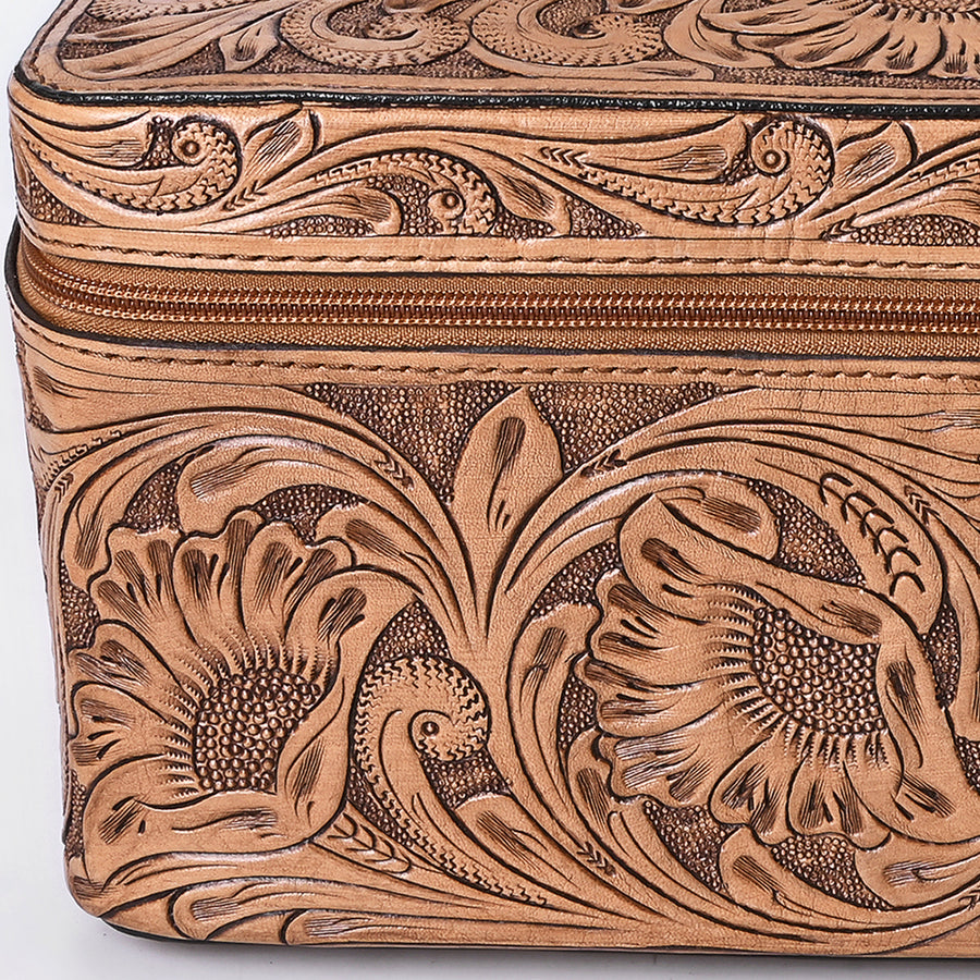 American Darling Western Hand Tooled Leather Jewelry Case | Handcrafted Travel Makeup Bag with Handle and Divided Interior