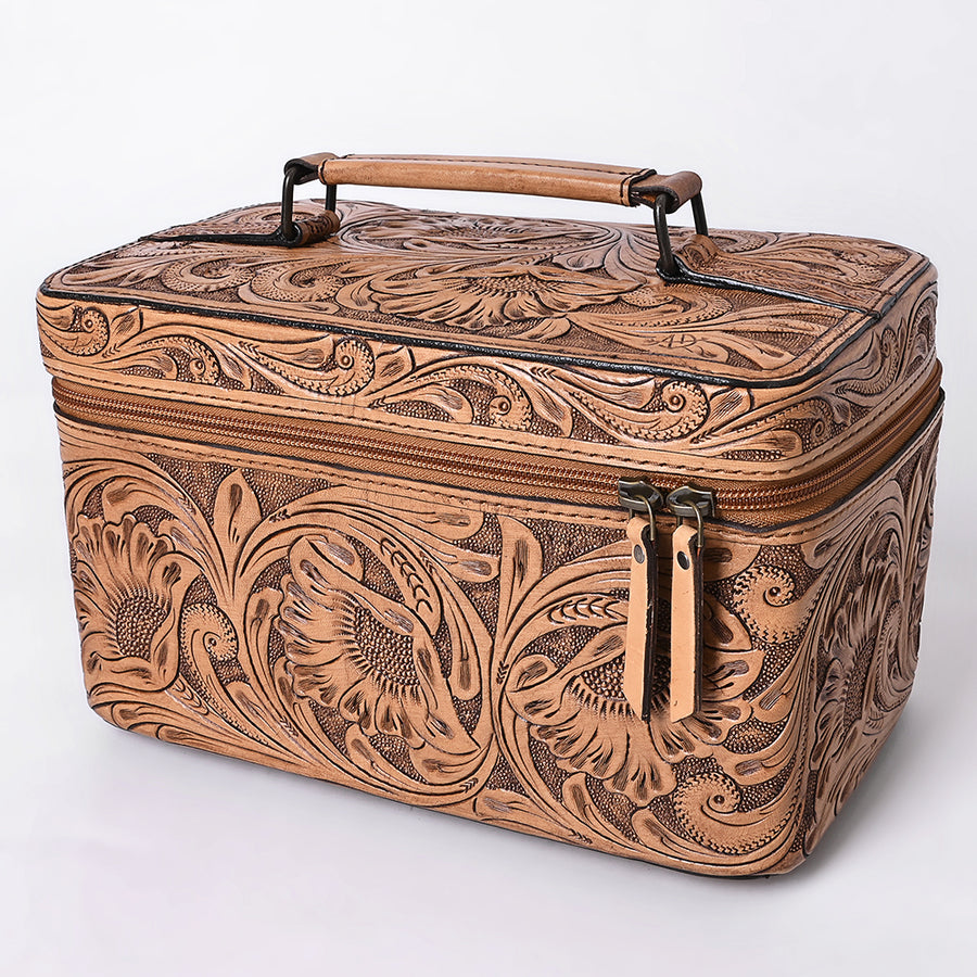 American Darling Western Hand Tooled Leather Jewelry Case | Handcrafted Travel Makeup Bag with Handle and Divided Interior