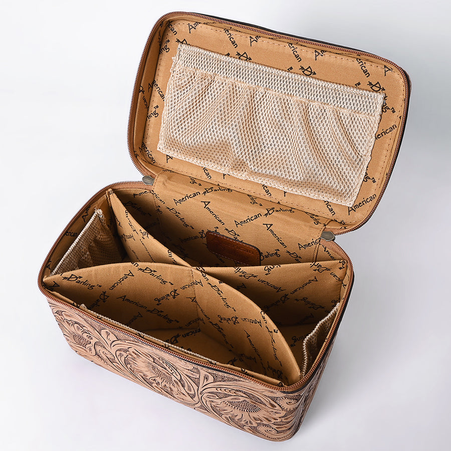 American Darling Western Hand Tooled Leather Jewelry Case | Handcrafted Travel Makeup Bag with Handle and Divided Interior