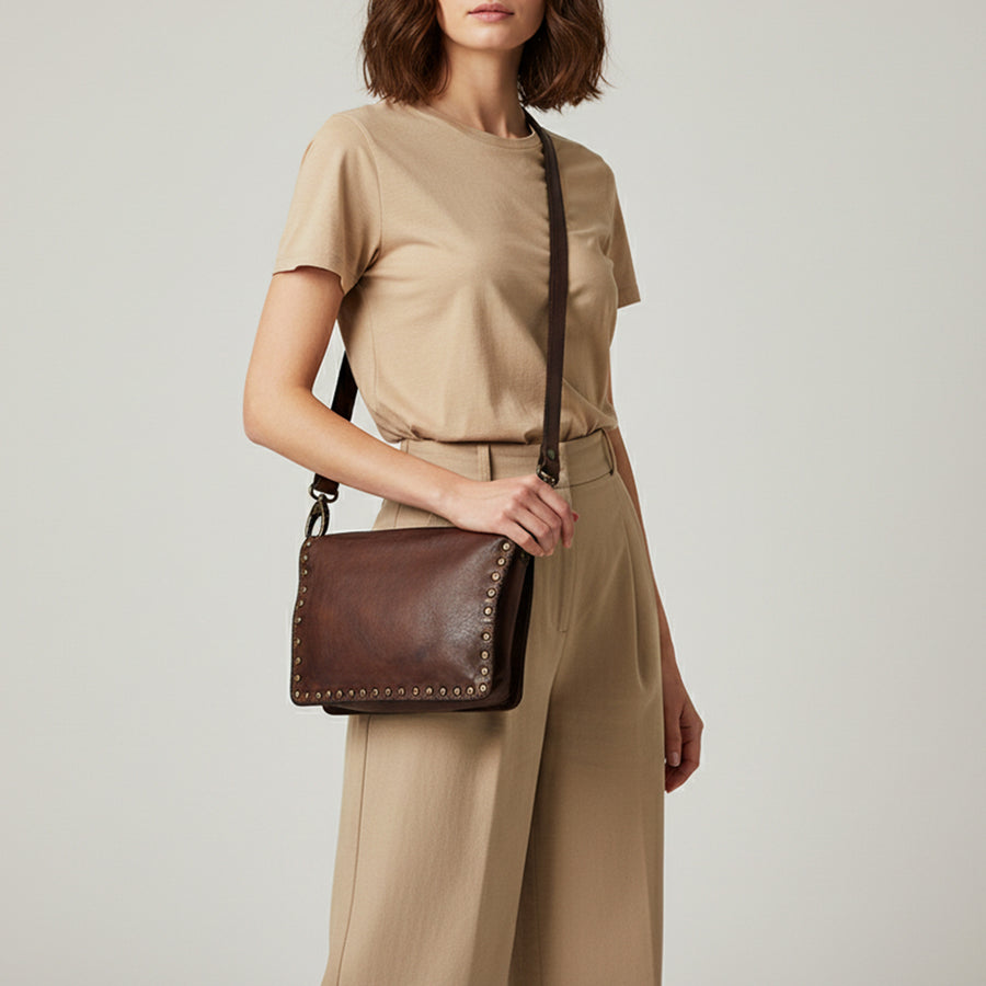 Spaghetti Western Swc193Brn Organiser Vintage Handmade Drum Dyed Genuine European Cowhide Leather Women Bag Western Handbag Purse