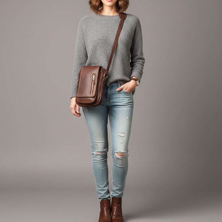 Spaghetti Western Swc210Cg Sling Vintage Handmade Drum Dyed Genuine European Cowhide Leather Women Bag Western Handbag Purse