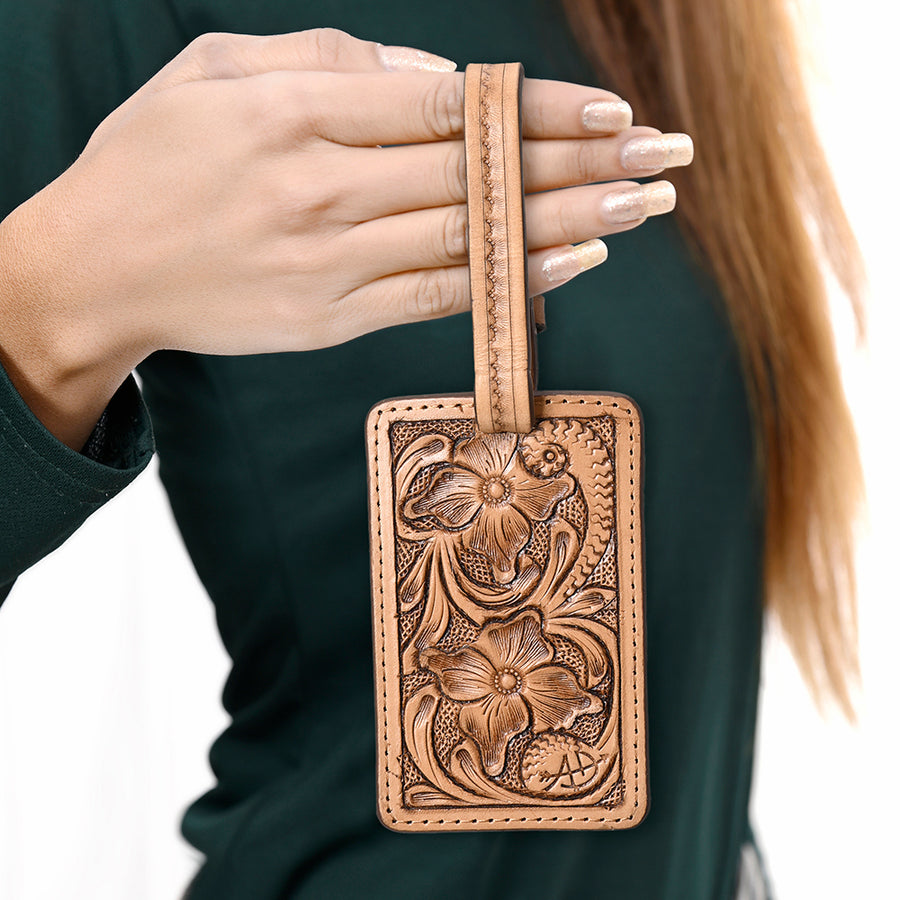 American Darling Western Leather Hand-Tooled Card Holder – Genuine Leather Travel ID Tag with Strap