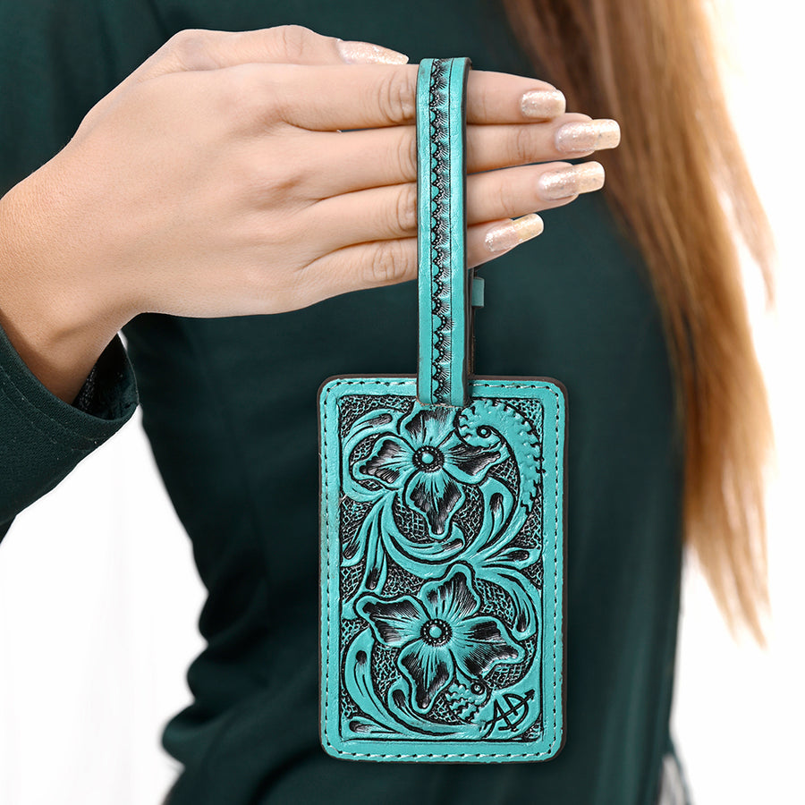 American Darling Western Leather Hand-Tooled Card Holder – Genuine Leather Travel ID Tag with Strap
