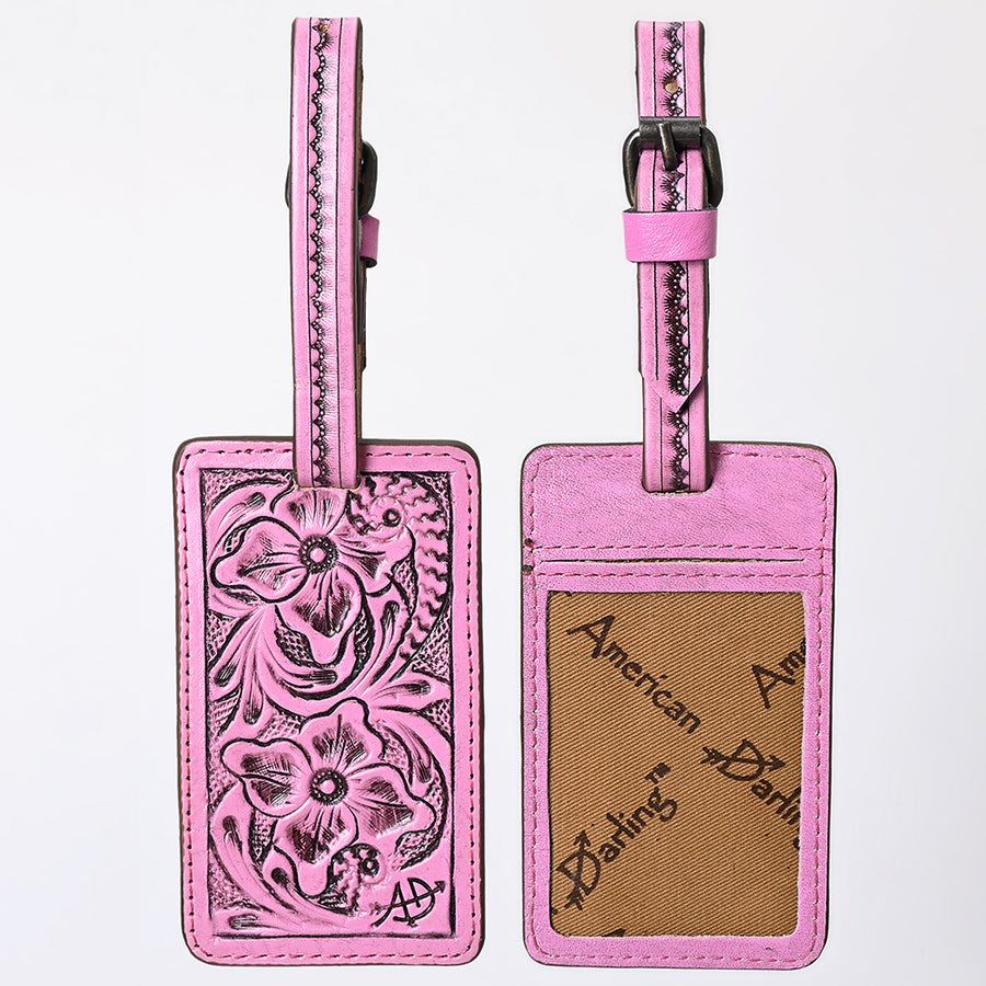 American Darling Western Pink Leather Hand-Tooled Card Holder with Strap | Genuine Leather Travel ID Tag - Uhorse