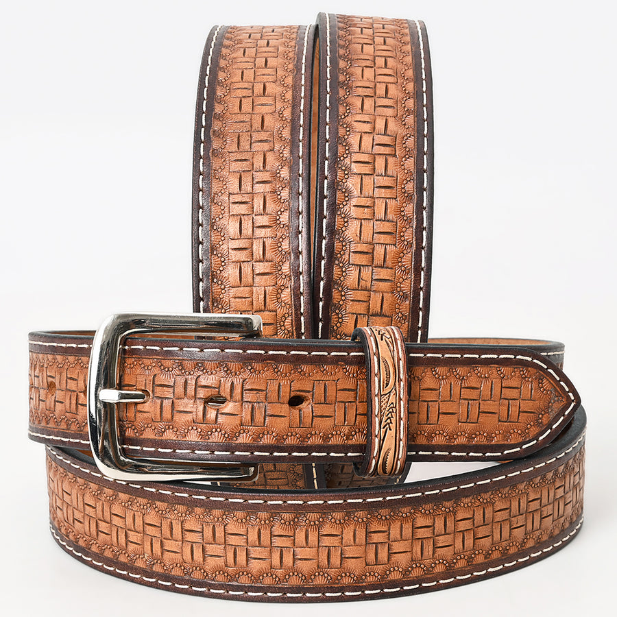 BAR H EQUINE 42 In Basket Hand Tooled Western Genuine Leather Belt Brown - Uhorse
