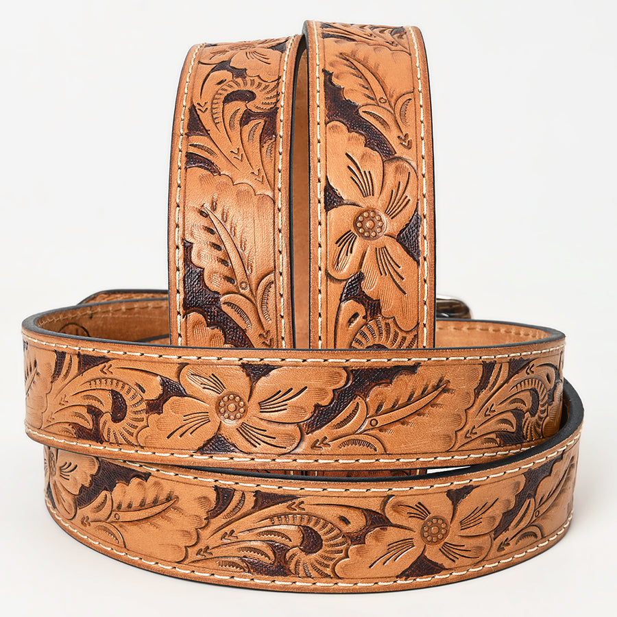 Bar H Equine Hand Tooled Genuine Leather Crafted Brown Unisex Belt Removable Buckle Full Grain Western Men & Women