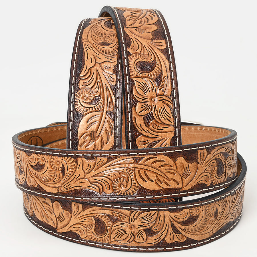 Bar H Equine Hand Crafted Tooled Genuine Leather Brown Tan Unisex Western Belt Removable Buckle Full Grain Men Women